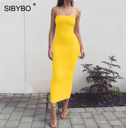 Sibybo Spaghetti Strap Backless Sexy Long Dress Party Off Shoulder Strapless Summer Maxi Dress Black Bodycon Dress Women 2021