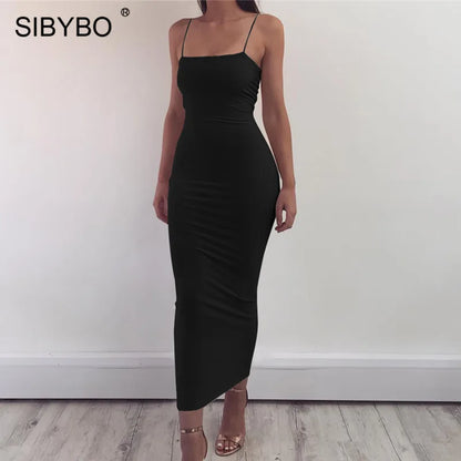 Sibybo Spaghetti Strap Backless Sexy Long Dress Party Off Shoulder Strapless Summer Maxi Dress Black Bodycon Dress Women 2021