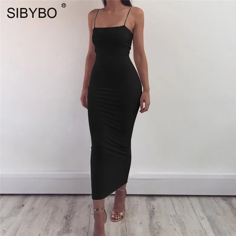 Sibybo Spaghetti Strap Backless Sexy Long Dress Party Off Shoulder Strapless Summer Maxi Dress Black Bodycon Dress Women 2021