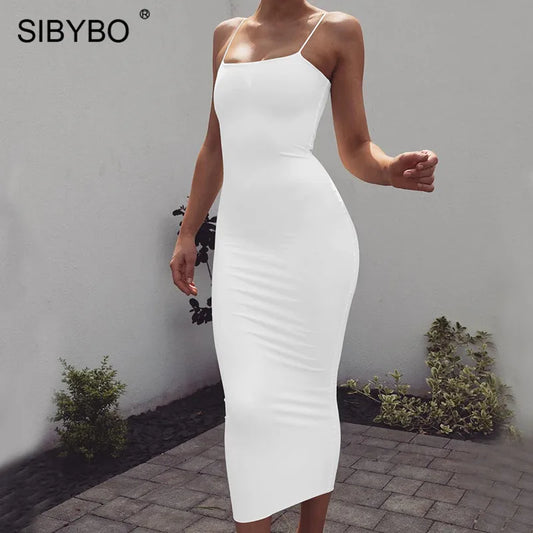 Sibybo Spaghetti Strap Backless Sexy Long Dress Party Off Shoulder Strapless Summer Maxi Dress Black Bodycon Dress Women 2021