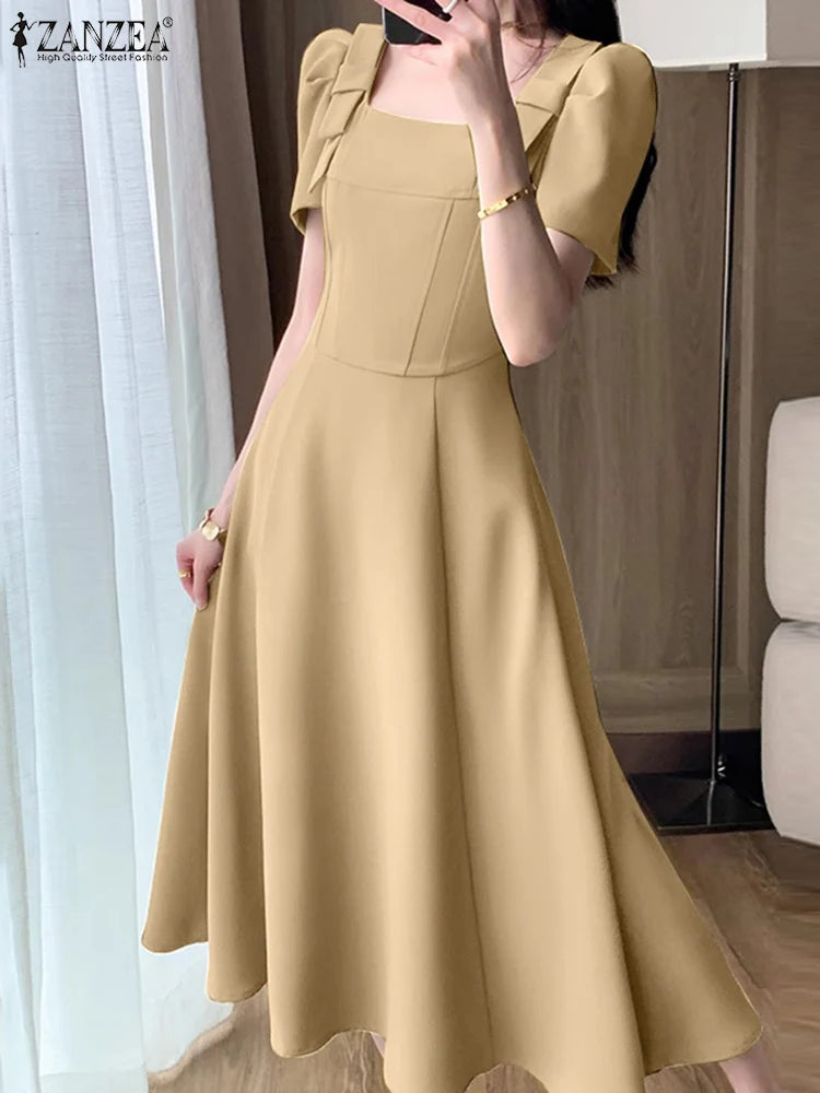 ZANZEA Women Elegant Long Dress Fashion Square Collar Bowknot Sundress 2024 Summer Waisted Vestidos Party Puff Sleeve Dresses