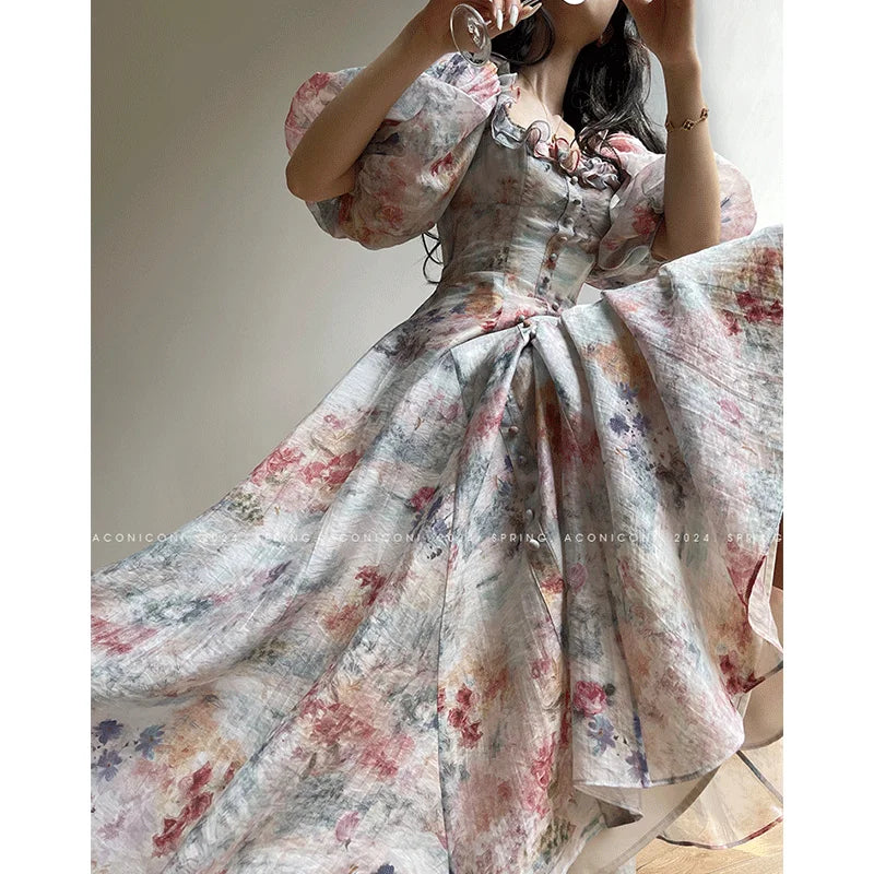 French Elegant Women's Square Neck Floral Print Holiday Dress Summer New Vintage Lantern Sleeve Single Breasted Party Dress 833P