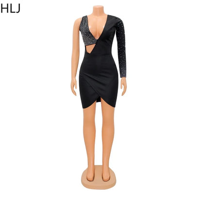 HLJ Fashion Rhinestone One Shoulder Bodycon Party Dresses Sexy V Neck Hollow Mini Dress Women Luxury Diamond Irregular Vestidos