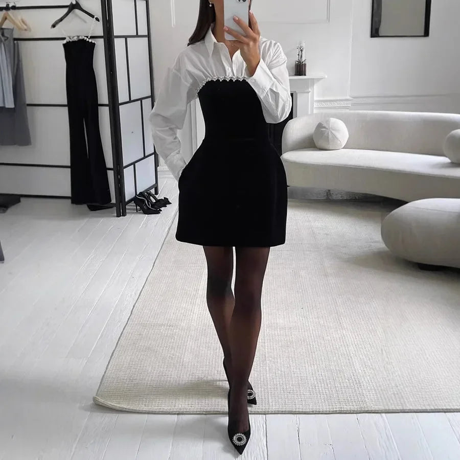 2025 Evening Mini Dress Women Black Velvet Black Rhinestone Decor Square Neck Sleeveless Skinny Pearl Dresses Lady Party Gown