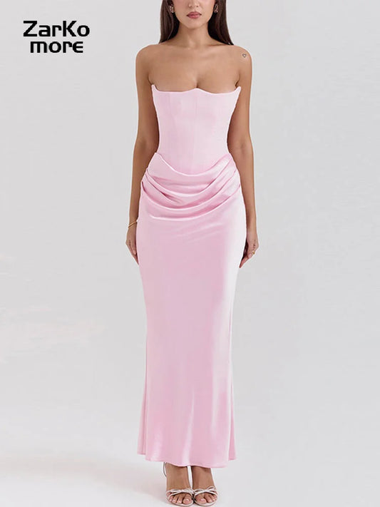 Strapless Hip Package Women Dresses Sleeveless Backless Solid Lady Maxi Dress 2025 Fashion Pleated High Waist Female Robes