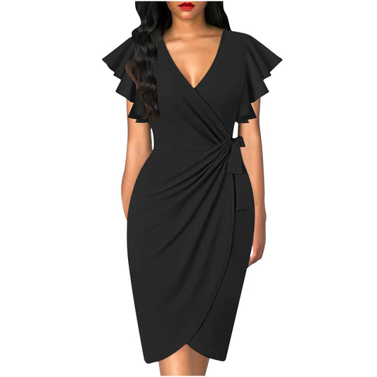 Lady Stylish V-Neck Petal Sleeve Dress Summer Elegant  Bodycom Dress Solid Color Pleated Work Robe Vestidos