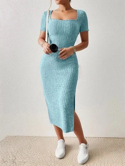 Summer Square Neck, Hip-Hugging Mid-Length Skirt, Short-Sleeved, Versatile Knitted Slit Dress