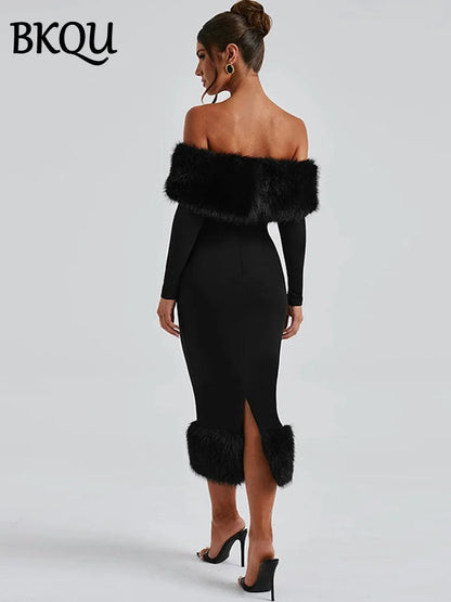 BKQU Fur Collar Sexy Off Shoulder Maxi Dress Women's Classic Long Sleeve Backless Split Bodycon Elegant Evening Party Dress Robe