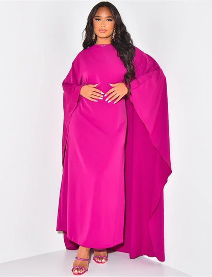 Autumn Fashion Satin Party Dress Robe Abaya Muslim Women Elegant Solid Round Neck Bat Sleeves Loose Maxi Dress Women