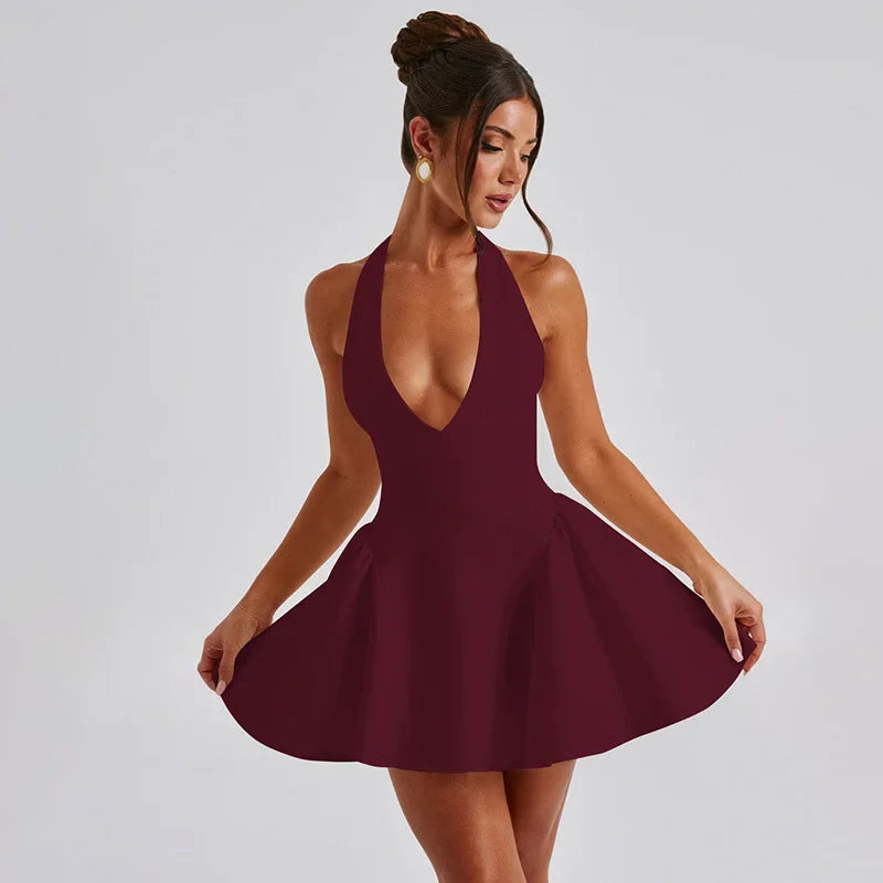 Townlike Waist Wrap A-line Pleated Dress Women Halter Mini 2024 Summer Dress V Neck Backless Nightclub Sexy Party Dresses