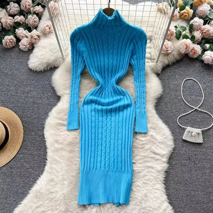 2024 Autumn/Winter Women's Knit Dress Sexy Polo/Turtle Neck Long Sleeve Medium-Length Slimming Smooths Your Silhouette