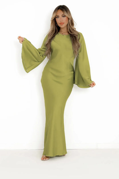 Autumn Fashion Satin Party Dress Robe Abaya Muslim Women Elegant Solid Round Neck Bat Sleeves Loose Maxi Dress Women