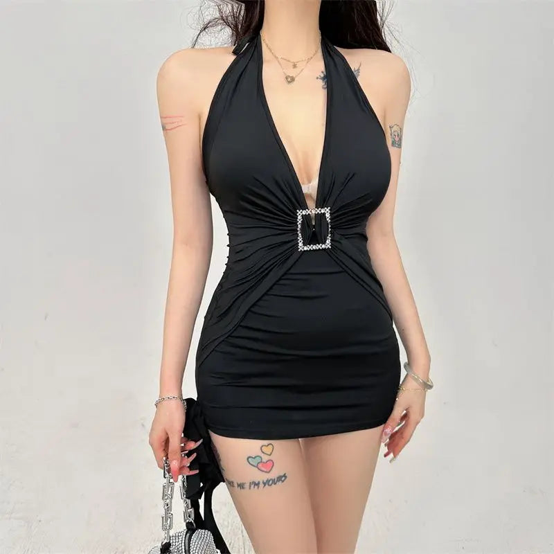 2024 Summer Release Euro-american Style Fashion Trend Hot Halter Backless Waist in Slimming Hip Wrap Dress Hollow Design