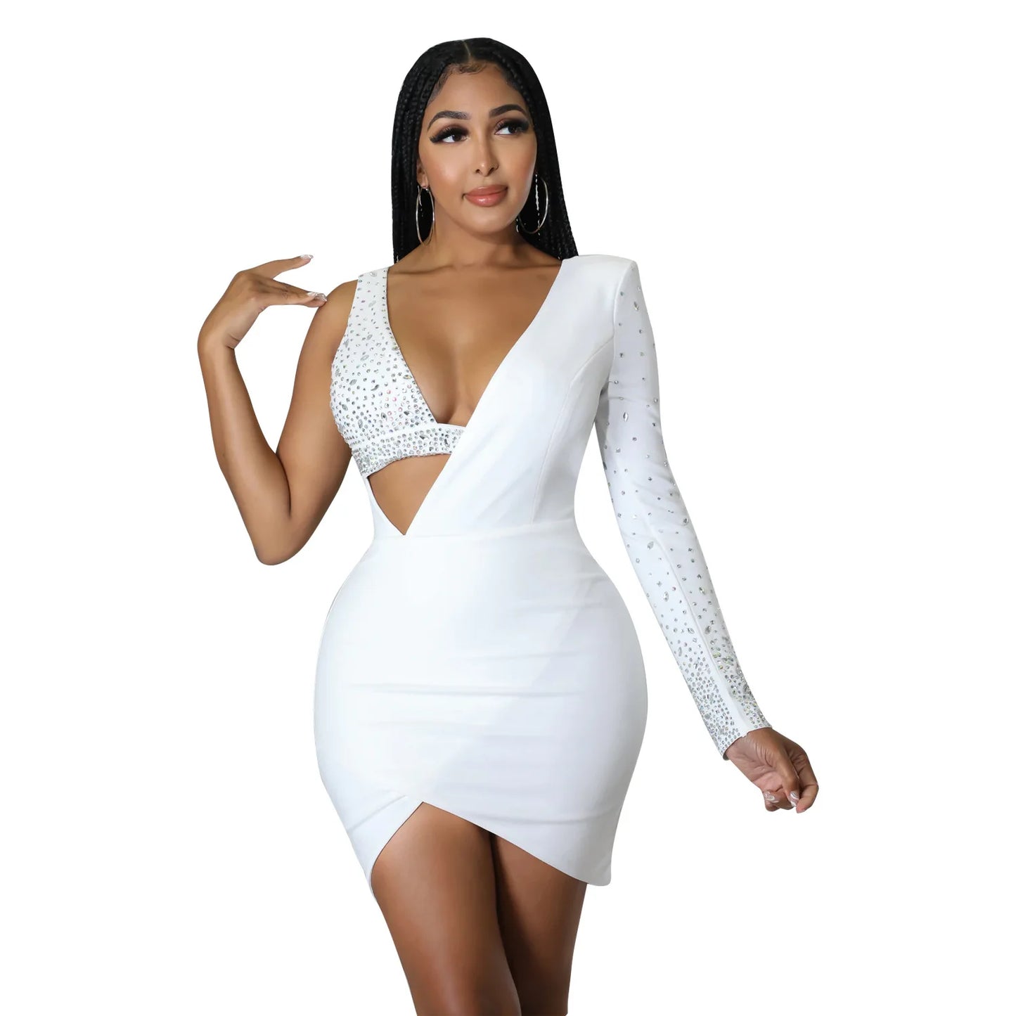 HLJ Fashion Rhinestone One Shoulder Bodycon Party Dresses Sexy V Neck Hollow Mini Dress Women Luxury Diamond Irregular Vestidos