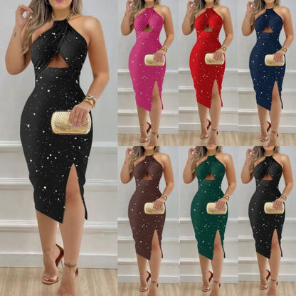 Summer Neck Hanging Hollow Out Hip Hugging Sexy Club Midi Dress Sleeveless Backless Front Split Bodycon Party Red Bling Dresses