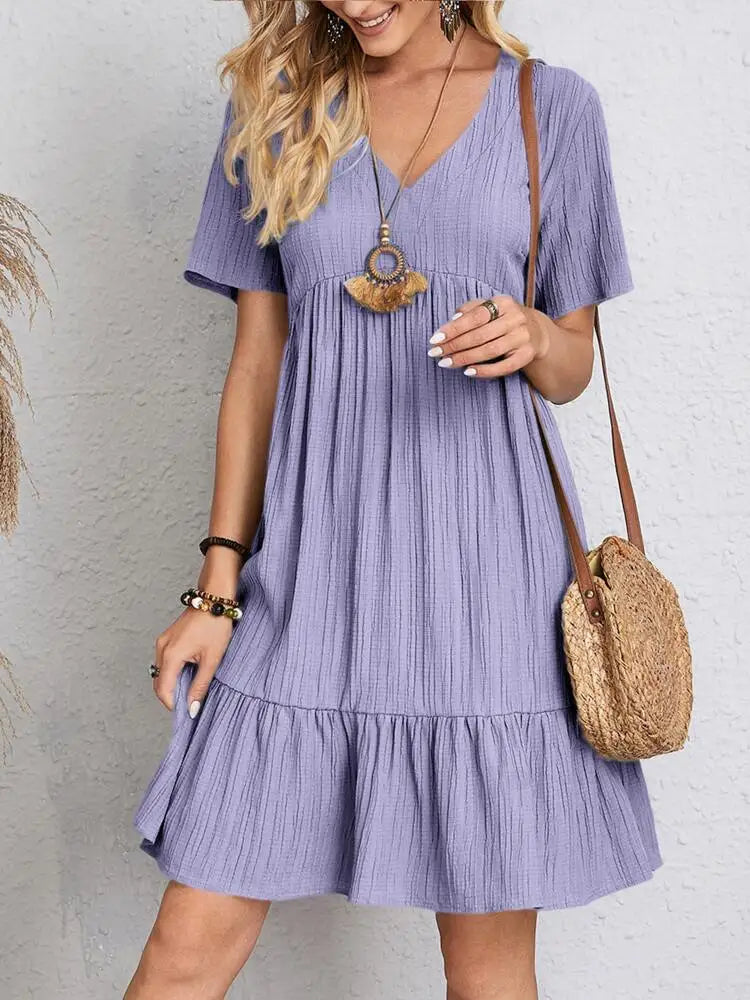 Women Elegant Short Sleeve V Neck Ruffles Dress Summer Casual Solid Loose Mini Dress Chic Bohemian Sundress Beach Party Vestidos