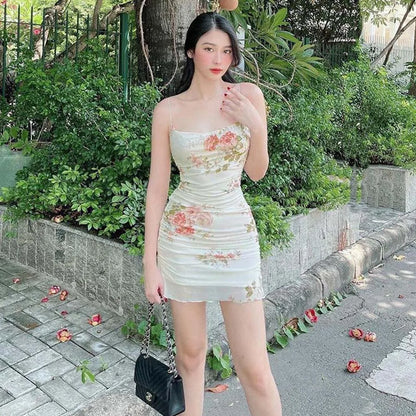 2022 European and American style suspender mesh retro flower dress irregular printed sexy tight hip skirt