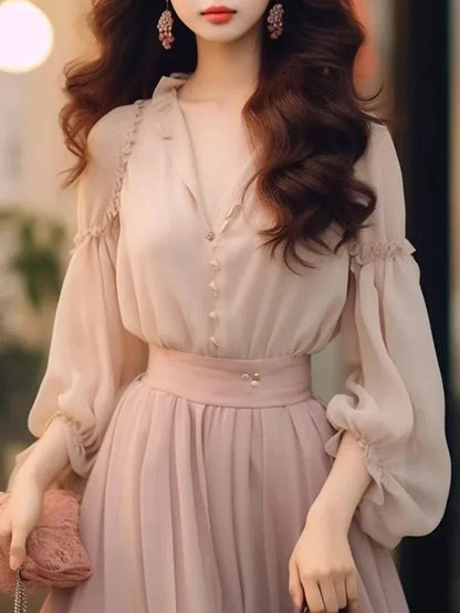 Elegant Pink Fashion YK2 Long Sleeved Two Piece Set Sweet Spring Slim Fit Dress New French Women's Beach Party Chiffon Dress