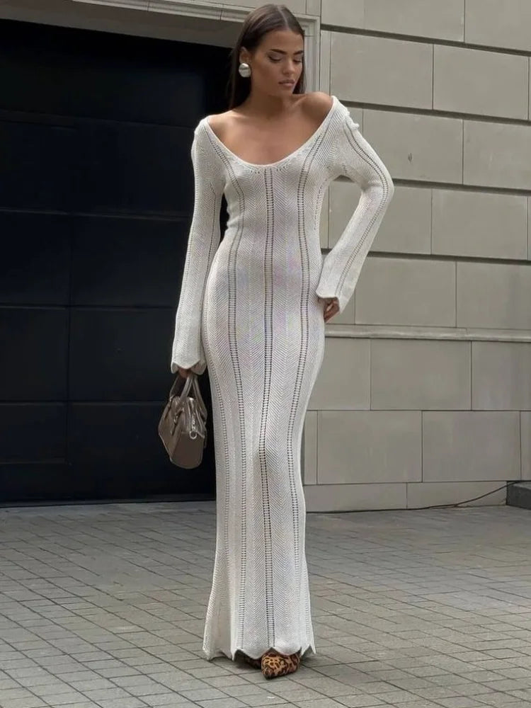 Fashion Flared Sleeves Lace Hem Maxi Dress Lady Elegant Solid Back Lace Up Long Dress Female Casual Streetwear Club Party Robes