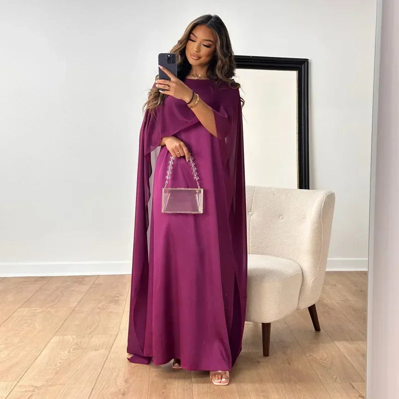 Autumn Fashion Satin Party Dress Robe Abaya Muslim Women Elegant Solid Round Neck Bat Sleeves Loose Maxi Dress Women