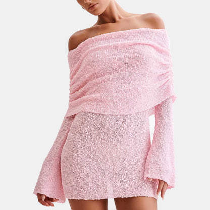 Women Knitted Dress Elegant Party Boat Neck Dress Infant Off Shoulder Bodycon Long Sleeve Fuzzy Short Club Chic Mini Dress