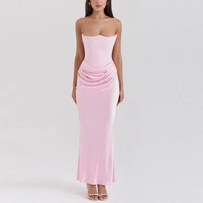 Strapless Hip Package Women Dresses Sleeveless Backless Solid Lady Maxi Dress 2025 Fashion Pleated High Waist Female Robes