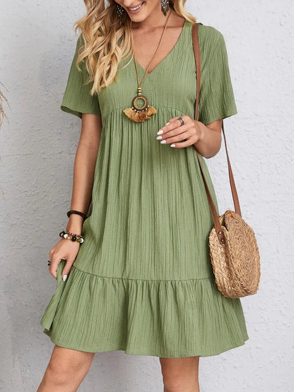 Women Elegant Short Sleeve V Neck Ruffles Dress Summer Casual Solid Loose Mini Dress Chic Bohemian Sundress Beach Party Vestidos