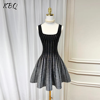 KBQ Colorblock Sexy Slimming Mini Dresses For Women Square Collar Sleeveless High Waist Minimalist A Line Dress Female Fashion