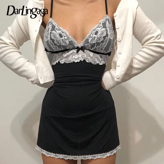 Darlingaga Y2K V Neck Lace Patchwork Strap Bodycon Sexy Dress Backless Sundress Fashion Elegant Bow Aesthetic Party Dress Female