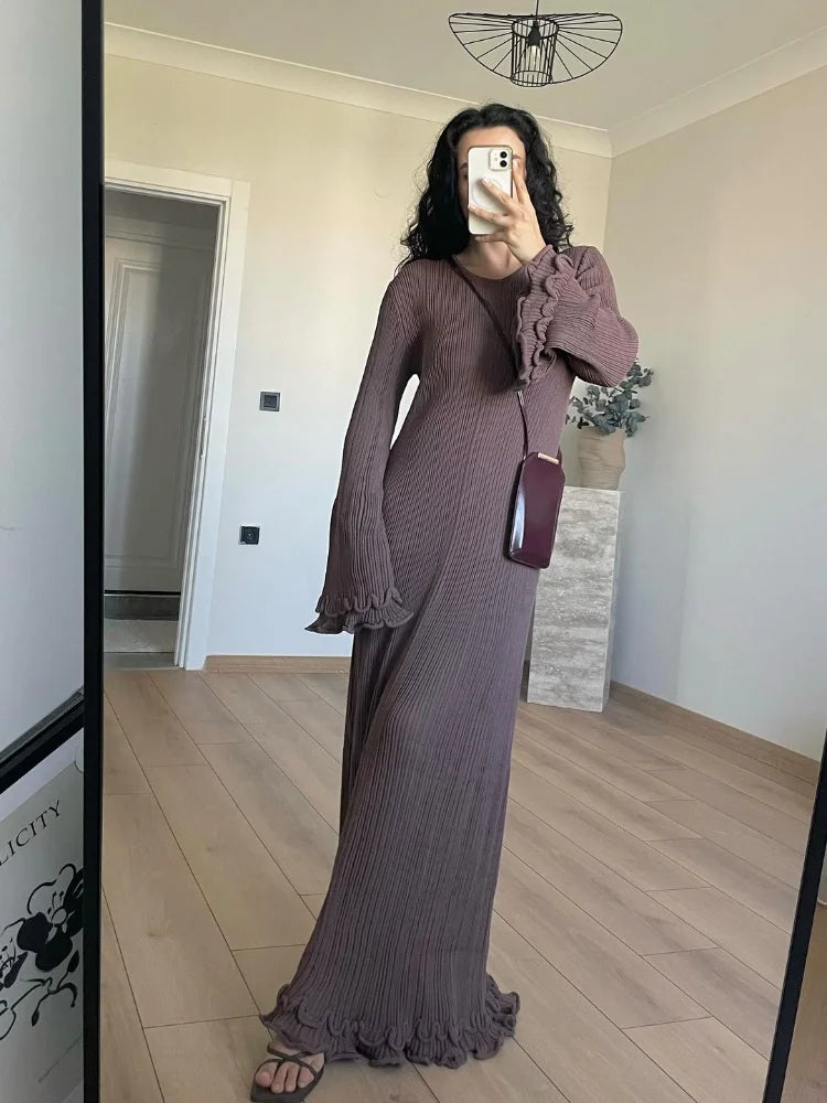 Fashion Flared Sleeves Lace Hem Maxi Dress Lady Elegant Solid Back Lace Up Long Dress Female Casual Streetwear Club Party Robes