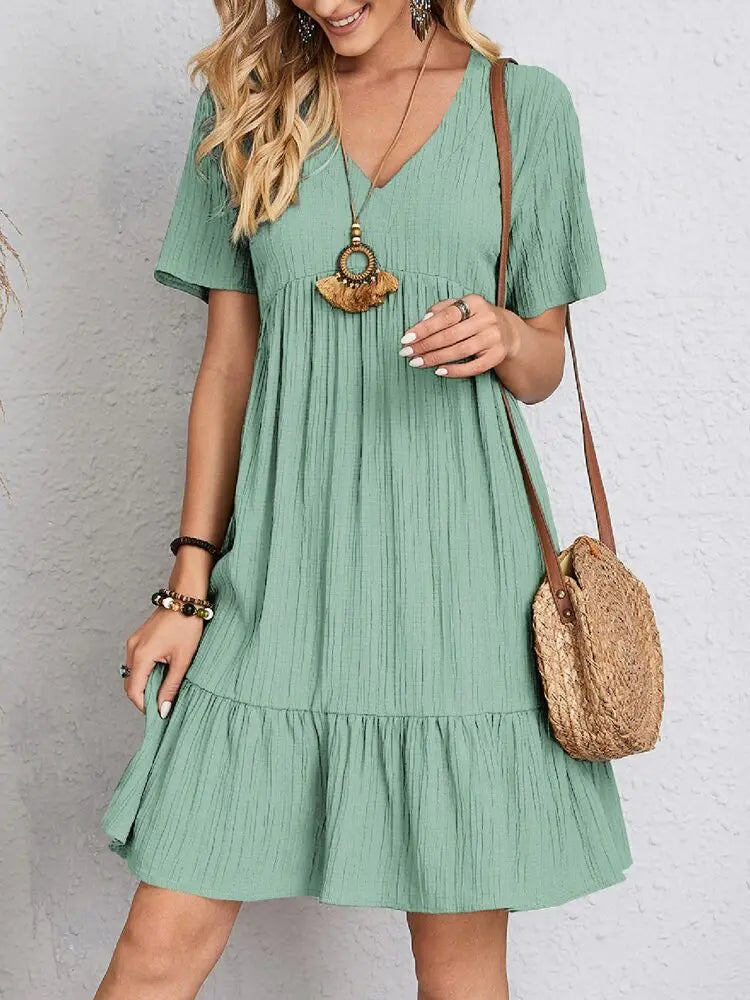 Women Elegant Short Sleeve V Neck Ruffles Dress Summer Casual Solid Loose Mini Dress Chic Bohemian Sundress Beach Party Vestidos