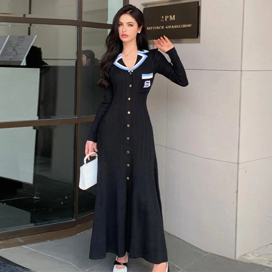 YuooMuoo Brand Fashion Knitted Maxi Dress 2024 Elegant Turn-down Collar Embroidery Long Sleeve Shirt Dress Lady Sweater Vestidos