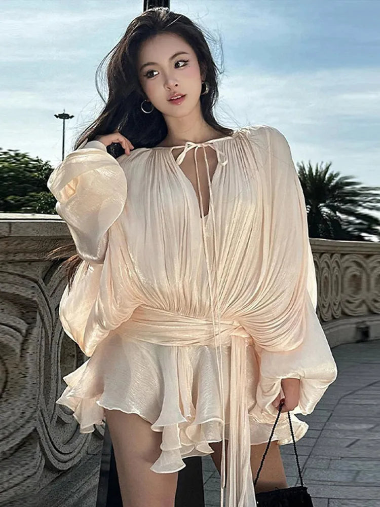 2025 Early Spring Elegant Ruffle Mini Dress Women Chic O-neck Lantern  Ribbon Hollow Out Dress With Belt Pleated Dresses Female