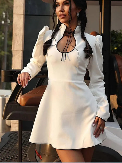 Elegant Black Lace-up Puff Sleeve Mini Dress Women Fashion Stand Collar High Waist A-line Dresses Autumn New Street Partywear