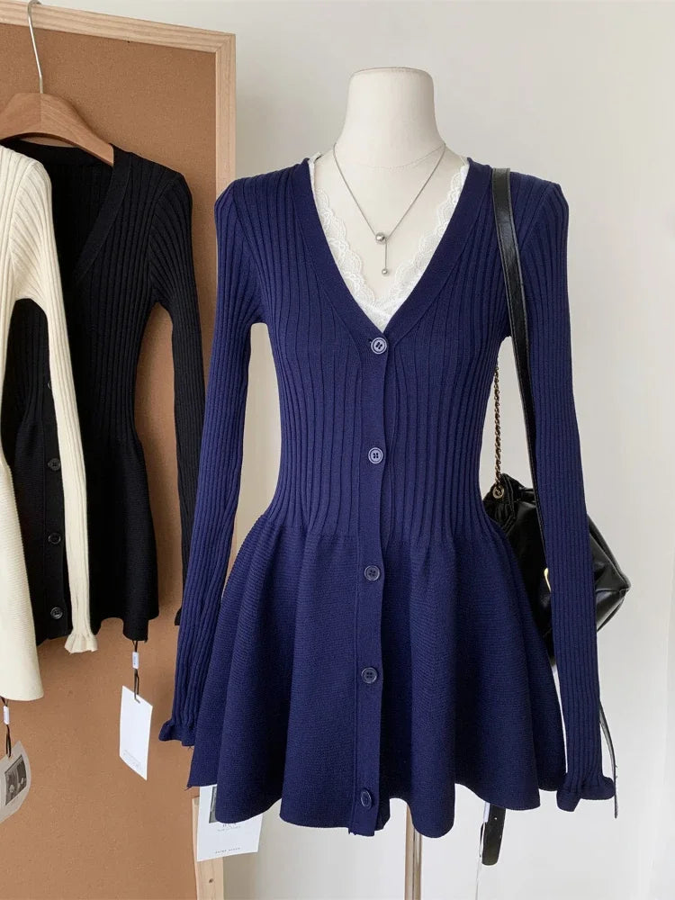 Autumn Korean Fashion V Neck Knit Dress Women Designer Sweet Slim Sweater Dresses Female Retro Solid Y2k Knitted Mini Dress New