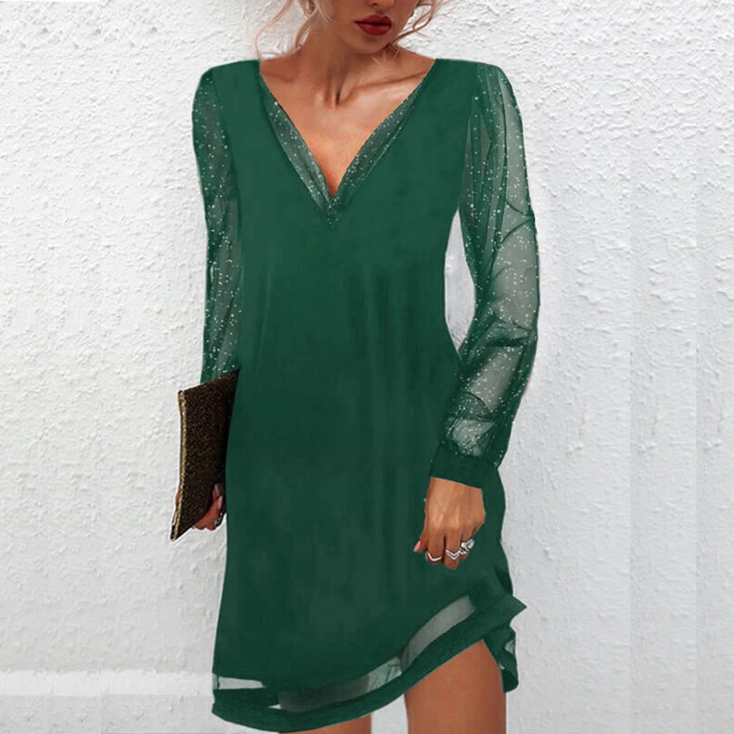 Knee Length Dresses Women Fashion Dress Solid Lace Splice Long Sleeve Dress Plain Ruffle Loose V-Neck Pullover Mini Mesh Dress