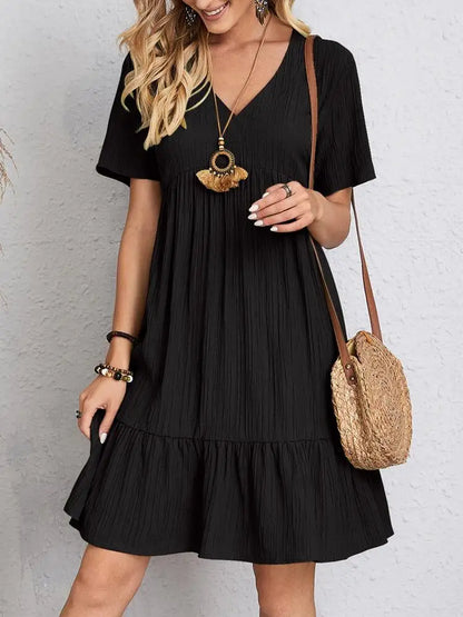 Women Elegant Short Sleeve V Neck Ruffles Dress Summer Casual Solid Loose Mini Dress Chic Bohemian Sundress Beach Party Vestidos