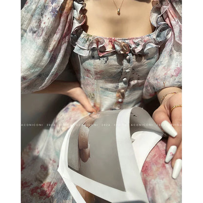 French Elegant Women's Square Neck Floral Print Holiday Dress Summer New Vintage Lantern Sleeve Single Breasted Party Dress 833P