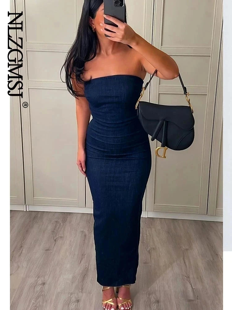 Nlzgmsj 2024 Women Elegant Denim Dress Strapless Back Zipper Slit Dresses Summer Female Off Shoulder Backless Denim Long Dress