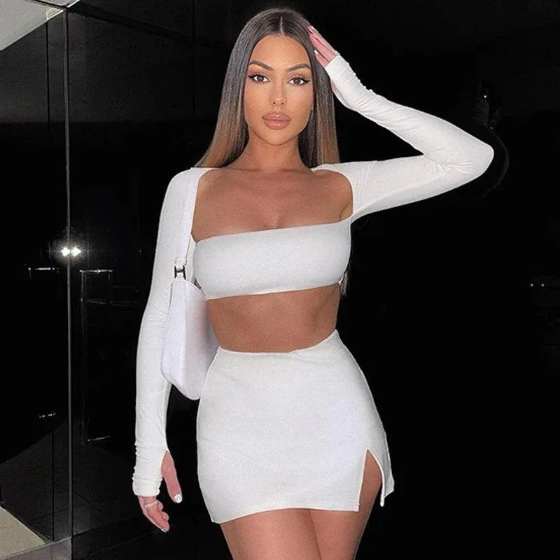 Women New 2 Pcs Set Long Sleeves Square Neck Backless Bandage Sexy Crop Top Short Skirt Festival Outfit Mini Dress