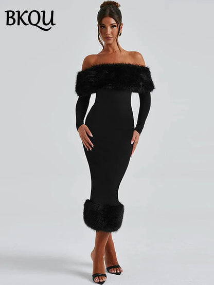 BKQU Fur Collar Sexy Off Shoulder Maxi Dress Women's Classic Long Sleeve Backless Split Bodycon Elegant Evening Party Dress Robe