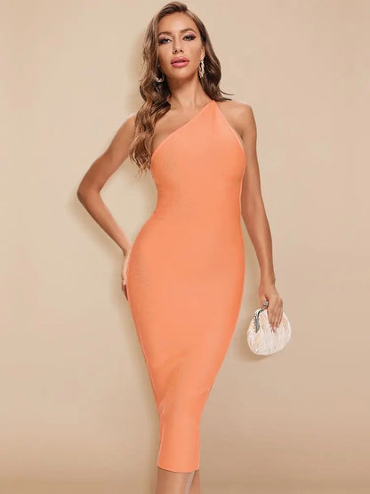 Rose Pink One Shoulder Party Celebrity Simple Classic Bodycon Dress Mid-Calf Sexy Open Back Wholesale XL