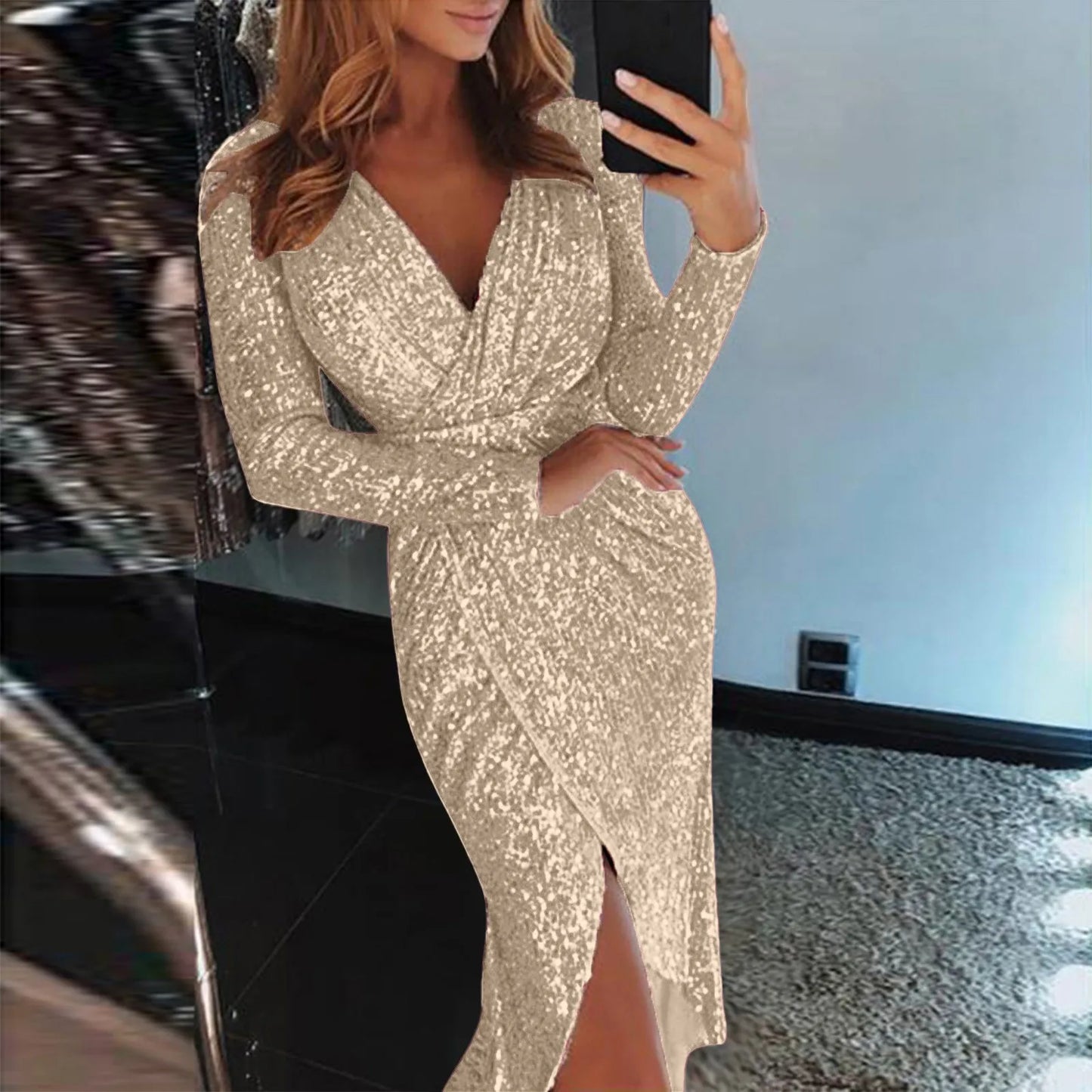 2024 New Trendy Gold Sliver Green Sequined Party Dress Women Front Split Bodycon Party Vestidos Bling Clubwear Dress Vestidos