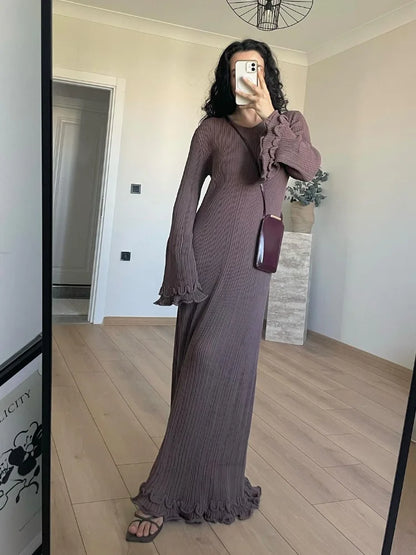 Fashion Flared Sleeves Lace Hem Maxi Dress Lady Elegant Solid Back Lace Up Long Dress Female Casual Streetwear Club Party Robes