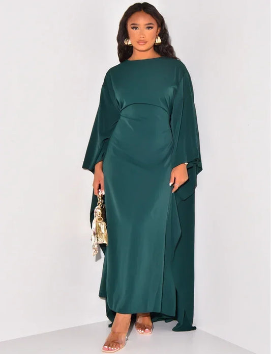 Autumn Fashion Satin Party Dress Robe Abaya Muslim Women Elegant Solid Round Neck Bat Sleeves Loose Maxi Dress Women