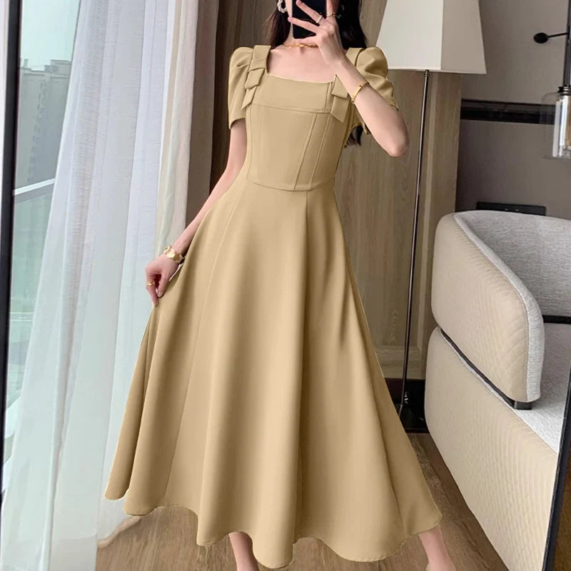 ZANZEA Women Elegant Long Dress Fashion Square Collar Bowknot Sundress 2024 Summer Waisted Vestidos Party Puff Sleeve Dresses