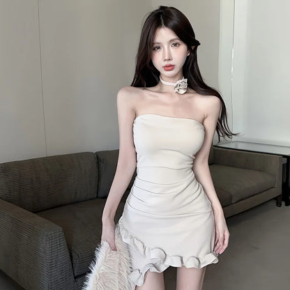 Spring Summer Korean Pure Desire Wind Versatile Retro Solid Color Hanging Neck Flower Ruffled Sleeveless Bust Wrap Hip Dresses