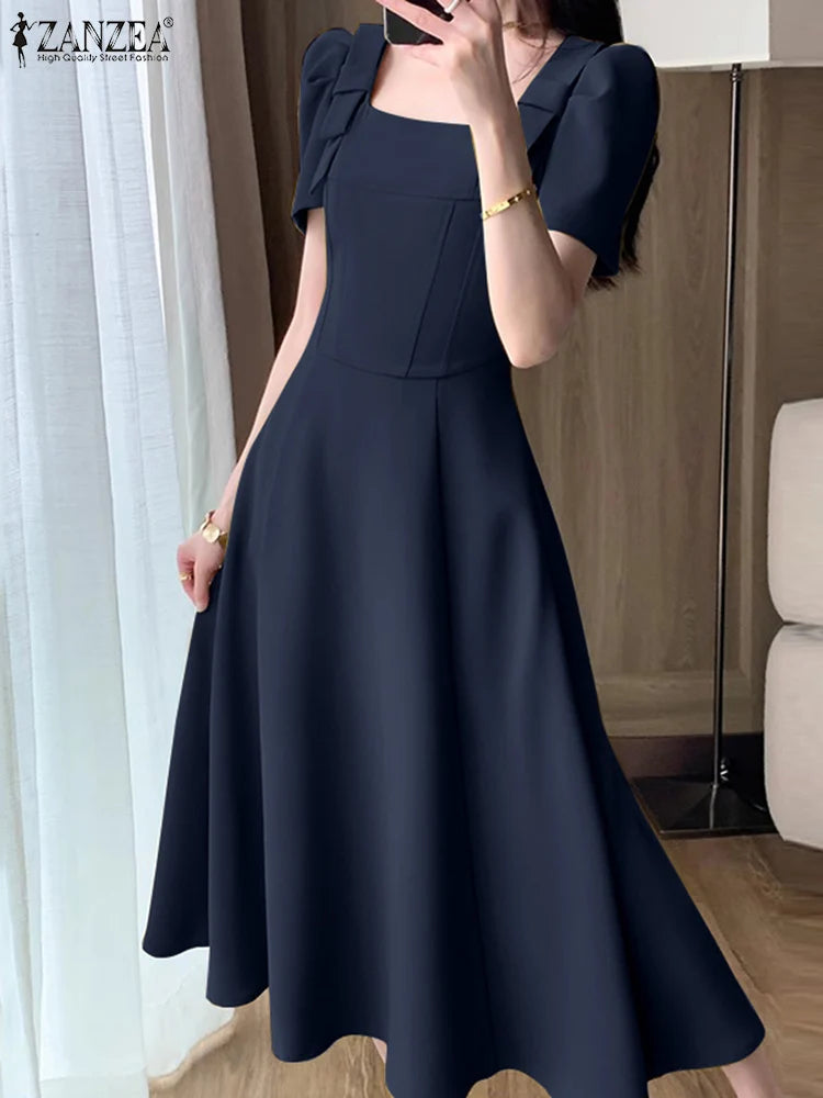 ZANZEA Women Elegant Long Dress Fashion Square Collar Bowknot Sundress 2024 Summer Waisted Vestidos Party Puff Sleeve Dresses