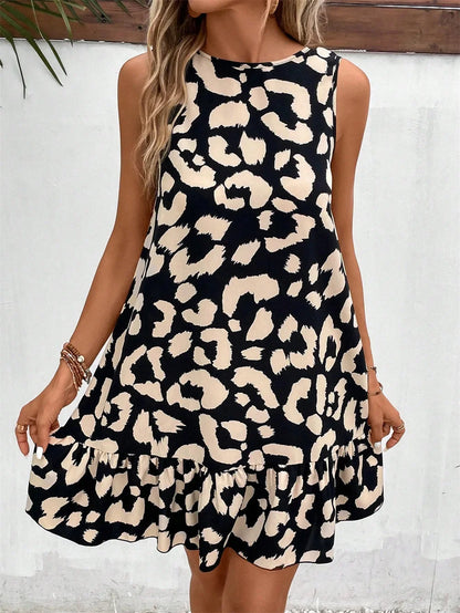 Women Summer Style Dress Lady Casual Sleeveless Leopard Printed Slim Mini A-line Dress