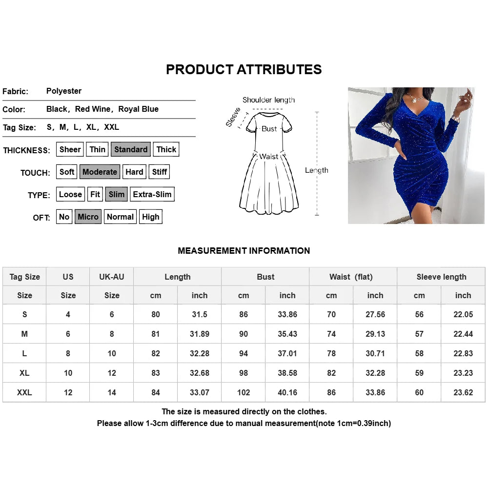 Sexy Velvet Bodycon Slit Wrap Buttocks Evening Dress Cross-border Women's clothing Elegant V-Neck Long Sleeve Pleated Party Robe